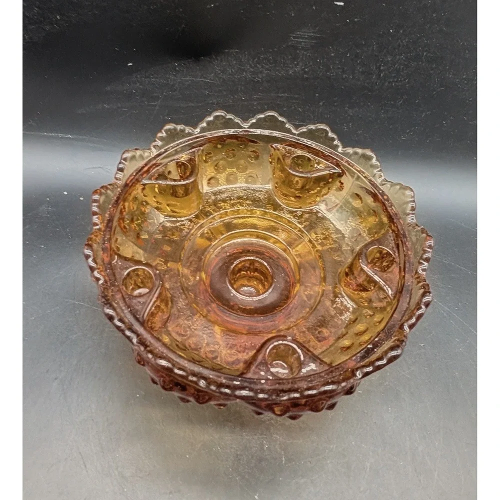 Vintage Amber Fenton Glass Hobnail Console Bowl Scalloped Edge 6 Candle Holder